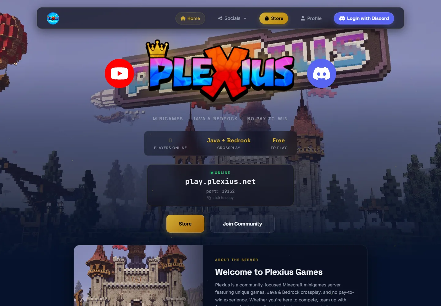 Screenshot of the live Plexius Minecraft community website
